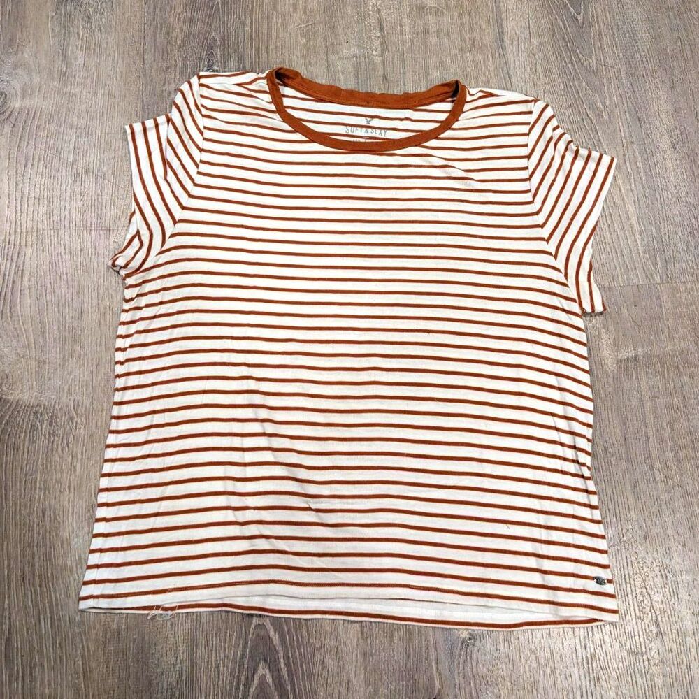 American Eagle Soft & Sexy Brown White Striped Ringer Cap Sleeve Tee Shirt XL